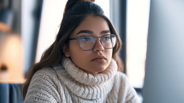 upper. A young professional works intently at a modern home office desk with soft natural light. lifestyle magazines, social media lookbooks, designed for influencer and brand collaborations.