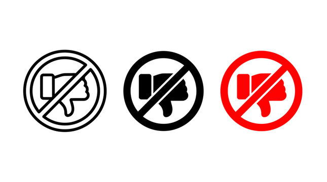 Set of Three Dislike Prohibition Sign Icons with Thumbs Down Symbol in Different Vector