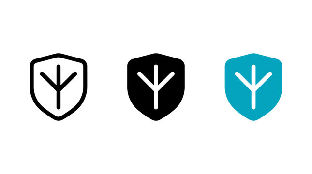 Algiz rune shield icon set in outline, glyph, and flat color design style variants