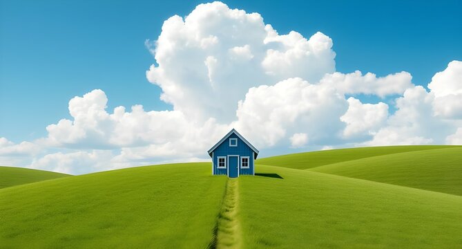 small blue house on green hill with blue sky and white cloud background