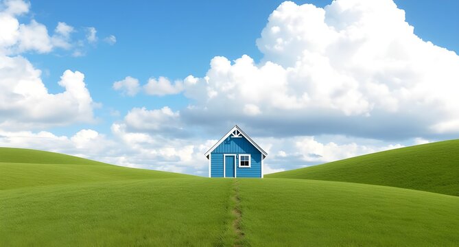 small blue house on green hill with blue sky and white cloud background