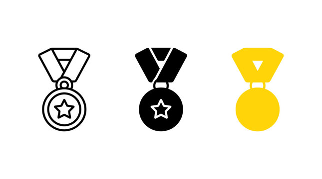 Medal icon design set with star symbol and ribbon graphics in flat and outline styles