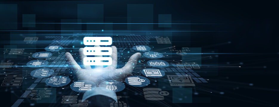 Network admin handhold Hosting icon glowing with secure cloud servers. IT professional using virtual dashboard analyzing website performance and database uptime. Global server connection.
