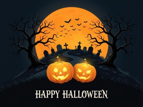Happy halloween pumpkins with moon and cemetery background