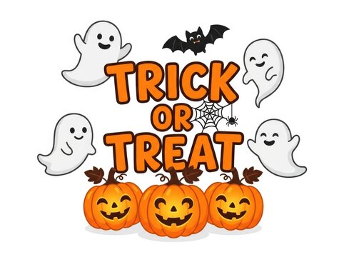 Halloween trick or treat illustration with ghosts and pumpkins