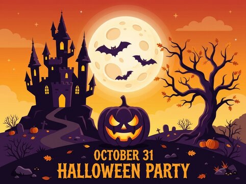 Halloween party illustration with jack o lantern and haunted castle