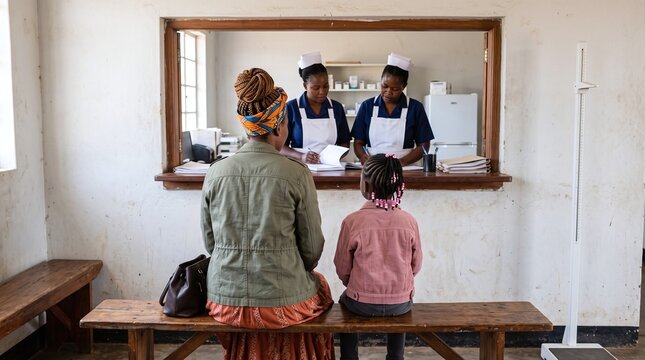 Mother and daughter sitting on wooden bench facing two nurses at service hatch window in rural clinic