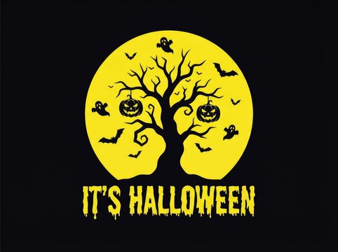 Halloween moon with carved pumpkins and bats illustration