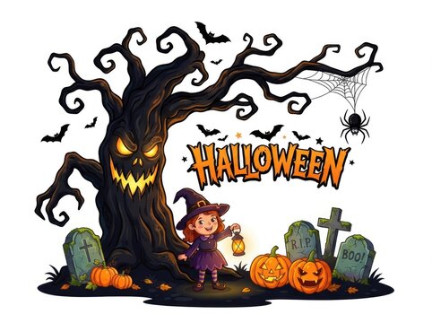 Halloween cartoon witch with jack o lantern tree and pumpkins
