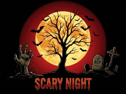 Scary halloween moon with tree and graveyard illustration
