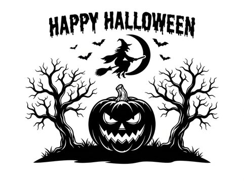Happy halloween illustration with jack o lantern and flying witch