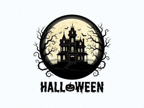 Halloween haunted mansion with jack o lantern and bats illustration