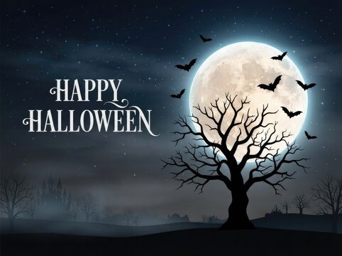 Happy halloween illustration with moon and tree