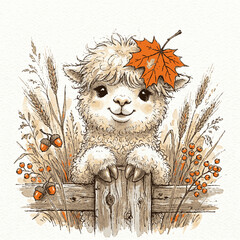 Fototapeta premium A cute fluffy alpaca cartoon character wearing an orange autumn maple leaf standing behind a wooden fence in the fall season with whimsical