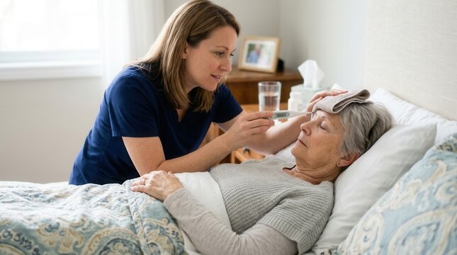 Caring Nurse Takes Elderly Woman's Temperature At Home Bedside