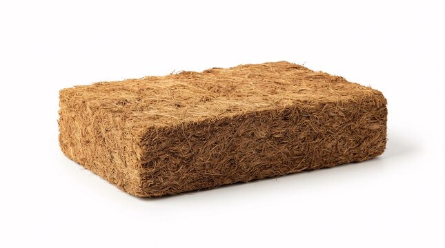 Pressed organic coconut coir brick for gardening isolated on a white background.
