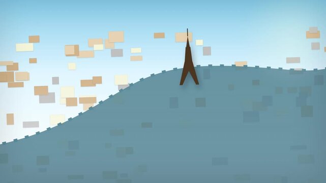 Minimalist vector illustration of Eiffel Tower landmark in Paris with pixelated clouds and stylized horizon background for travel concept.