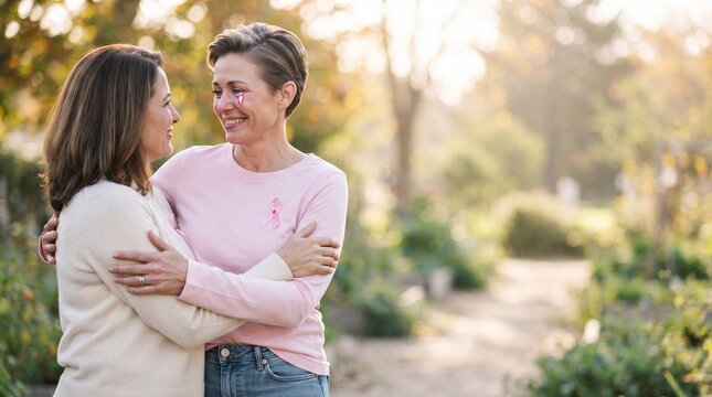 Two women supporting each other outdoors in park