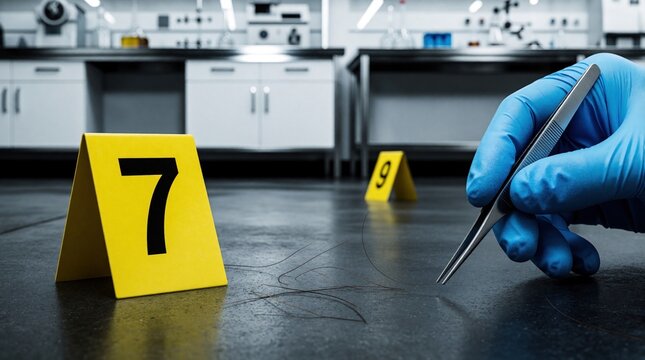 Crime scene lab tech collects hair evidence with tweezers near marker 7. Forensic investigation collects biological sample on floor. Scientist works with clue in lab.