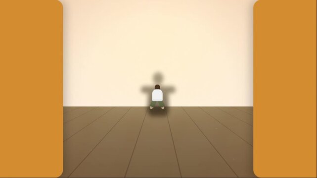 Minimalist vector illustration of a lonely figure sitting alone in a large empty room with a cross shadow cast on the wall behind them.