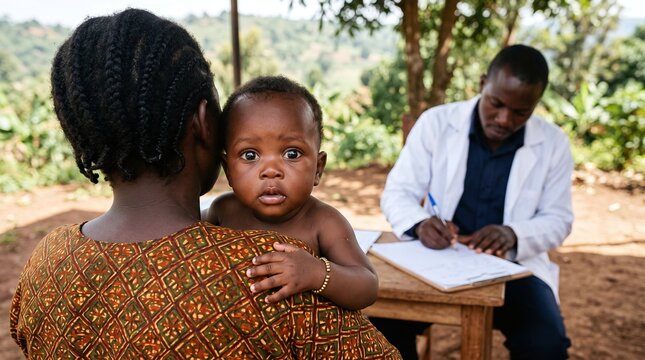 mother carrying baby over shoulder while doctor in white lab coat writes notes at outdoor clinic