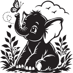Obraz premium Abstract baby elephant silhouette illustration raised trunk butterfly hearts birds clouds plants playful cute nature black vector design