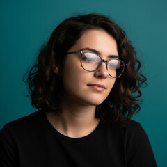 Fototapeta premium Young Woman Wearing Glasses and Black T Shirt Against Teal Background