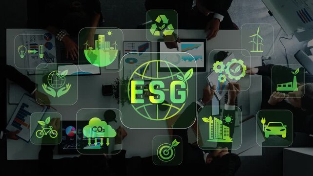 Group of professionals brainstorming on ESG themes, highlighting environmental, social, and governance principles in a contemporary work environment with digital visuals. Raster