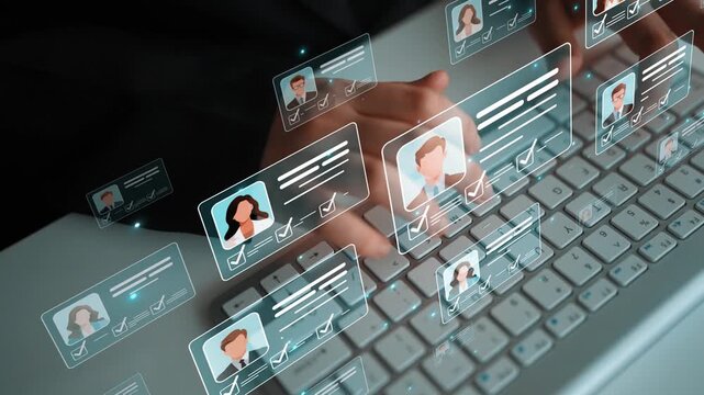 Hands Typing on Keyboard with Digital Profiles and Checkmarks Representing Online Networking and Professional Connections in a Modern Workspace Sigmoid
