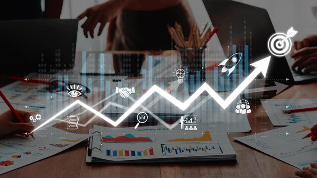 Capture the essence of business growth with charts, graphs, and strategic symbols. This image portrays teamwork and dedication to achieving success in corporate development. Raster