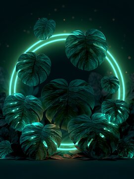 Futuristic Neon Glowing Circle with Tropical Monstera Leaves in Dark Cyberpunk Setting
