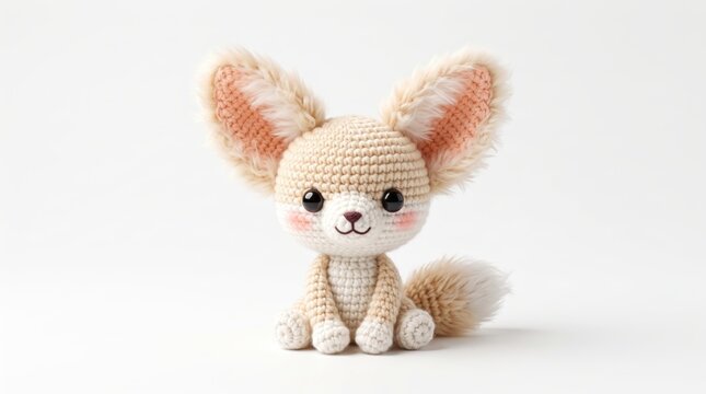 Crocheted fennec fox plush toy with large ears and pink inner lining for children's room decor