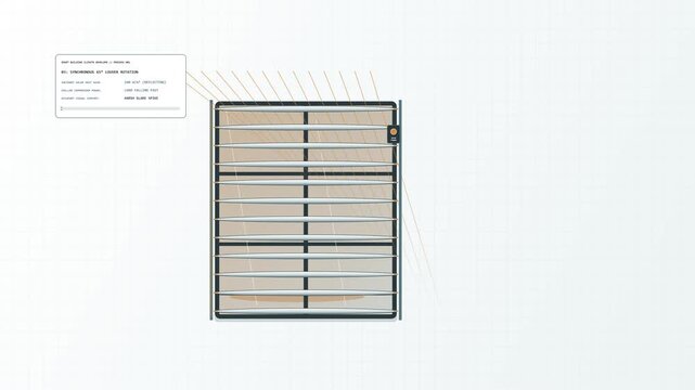 Architectural climate adaptation animation showing a building facade automatically rotating dynamic external louvers in response to intense solar heat gain, shielding the interior.