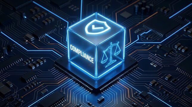 Digital compliance concept with glowing cube showing scales of justice and shield icon on a circuit board