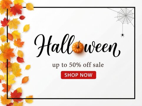 Halloween sale banner with pumpkin and autumn leaves