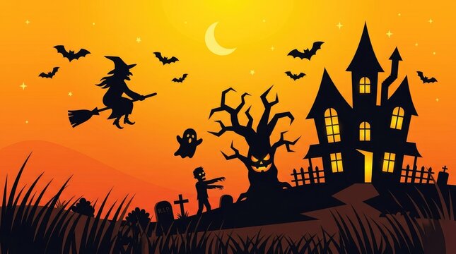 Witch flying over haunted house at sunset with bats and ghosts