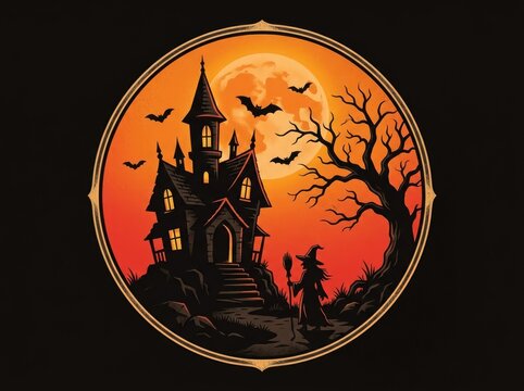 Haunted gothic castle under a full moon at night