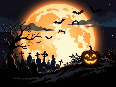 Halloween scene with jack o lantern and flying bats under full moon