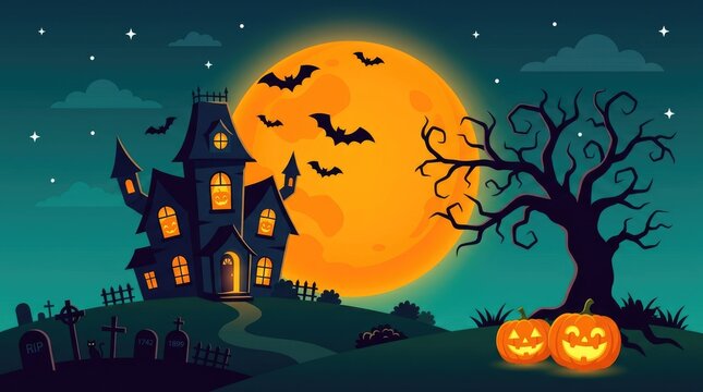 Haunted house under a full moon with jack o lanterns