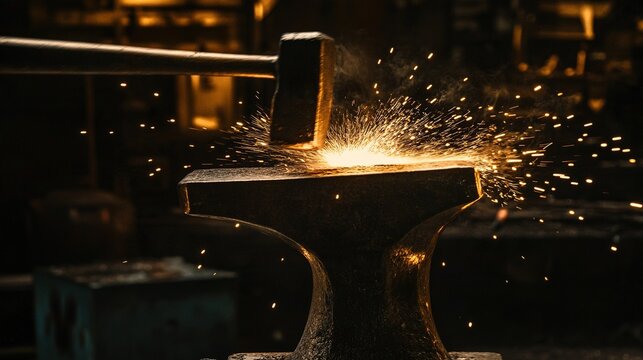 anvil. A glowing hot anvil struck by a hammer, sparks flying in a dark workshop. safety posters, maintenance manuals, designed for precision metalworking and fabrication facilities.