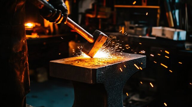 anvil. A glowing hot anvil struck by a hammer, sparks flying in a dark workshop. safety posters, maintenance manuals, designed for precision metalworking and fabrication facilities.