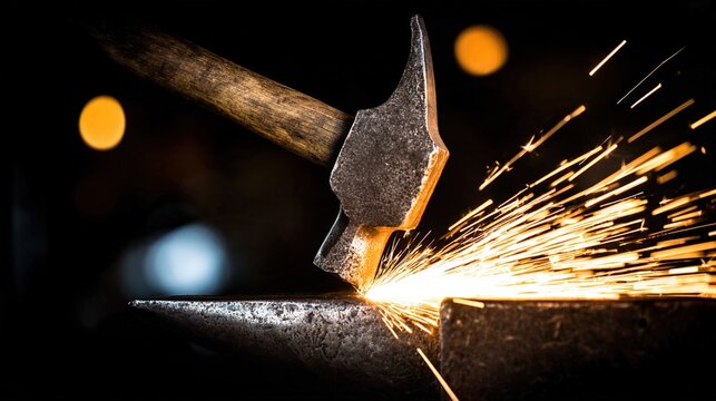 anvil. A glowing hot anvil struck by a hammer, sparks flying in a dark workshop. safety posters, maintenance manuals, designed for precision metalworking and fabrication facilities.