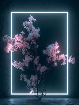 Cherry Blossom Tree with Glowing Neon Frame in Dark Futuristic Interior