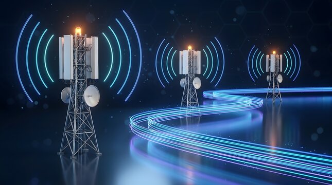 Cellular communication towers broadcasting signals with glowing data streams flowing between them representing network connectivity and data transfer.