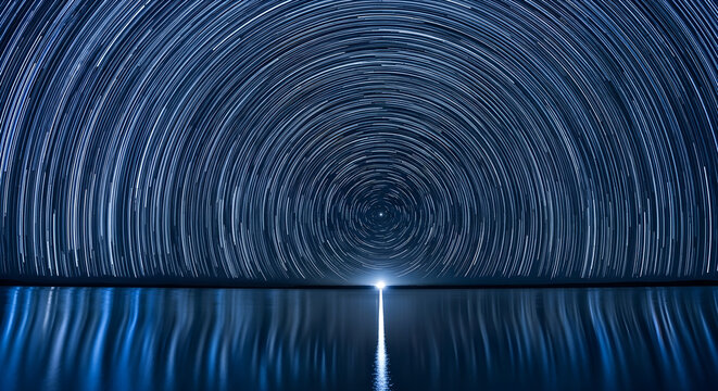 Long Exposure Circular Star Trails Reflecting Over A Calm Night Lake Surface Under The Rotating Celestial Sky