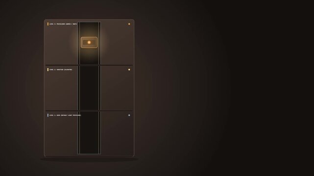 Technical privileged access management visualization of a segmented vertical access tower elevating a credential capsule temporarily into an admin floor before shutter resealing.