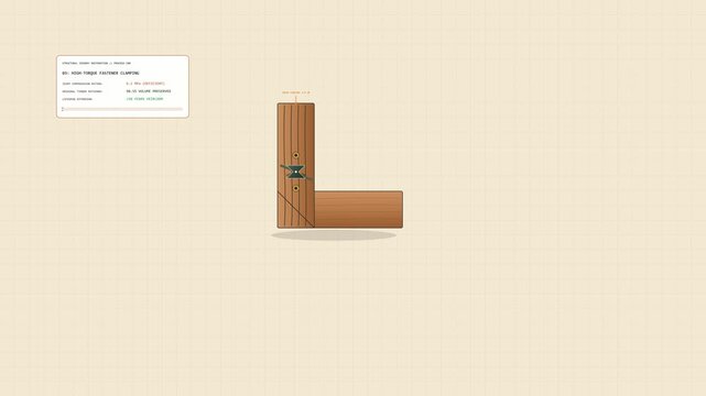 Architectural woodworking animation demonstrating circular furniture engineering: a fractured wooden timber joint stabilized and restored with an engineered interlocking steel-and-wood splint connecto