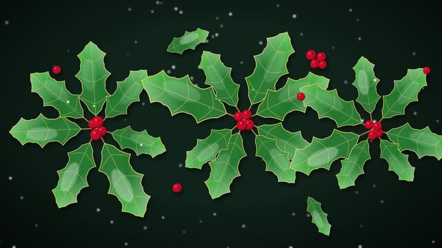 Holly Leaves and Berries Animation, Christmas Holiday Decoration, Festive Botanical Background, Green and Red Plant Elements, Winter Seasonal Motion Graphics, Snowy Atmosphere, Nature Inspired Design