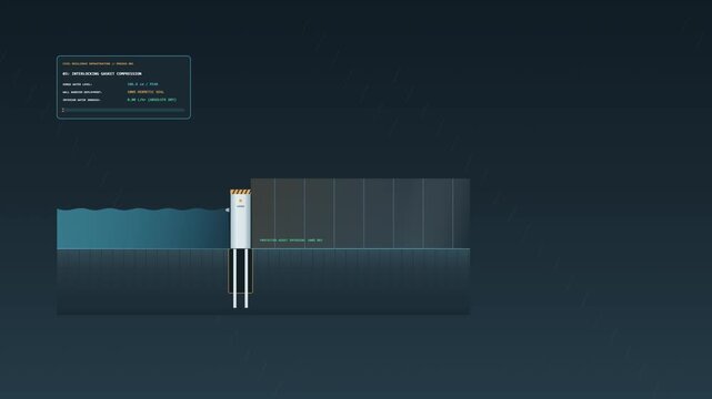 Civil infrastructure climate resilience animation showing an automated modular flood barrier deploying upward from ground slots, interlocking into a continuous seal, and stopping rising stormwater at 