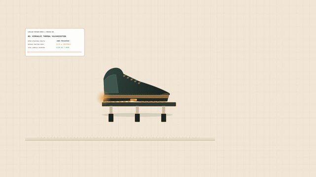 Technical circular footwear animation demonstrating an athletic shoe having its worn tread outsole peeled away and replaced with a fresh vulcanized sole unit bonded in place.